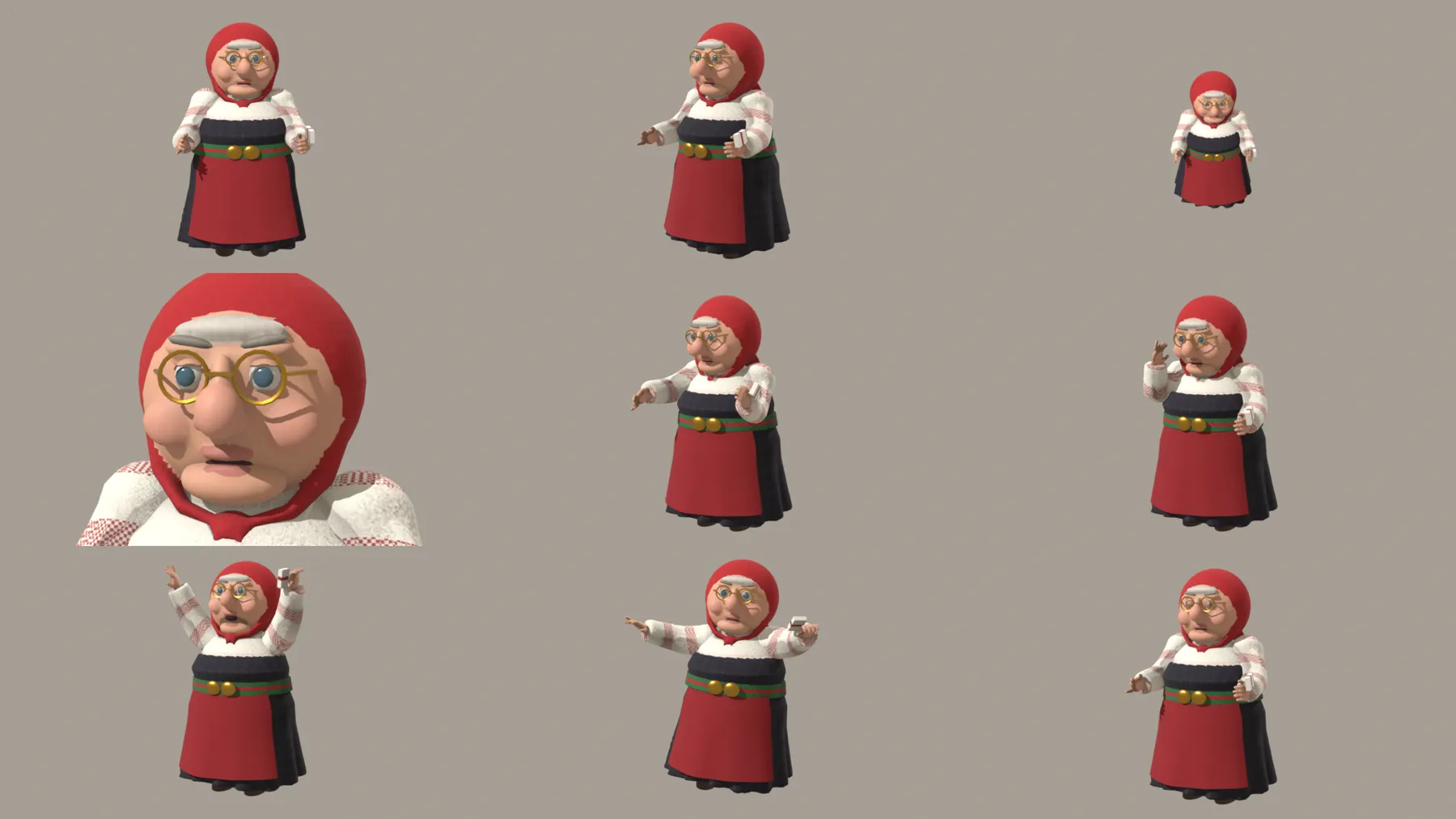 Pose sheet of the grandmother character in nine views: a red headscarf, round gold glasses, a white embroidered blouse and a red apron skirt, shown standing, in close-up and with raised or outstretched arms.