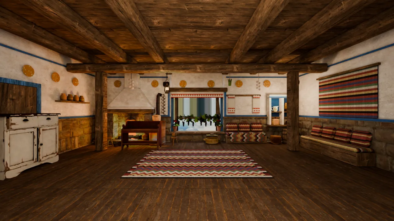 Interior of the 3D tavern, a Bulgarian mehana: heavy timber ceiling beams, whitewashed walls with painted plates, a stone hearth and a window at the far end, bench seats under woven textiles and a striped rug on a dark plank floor.