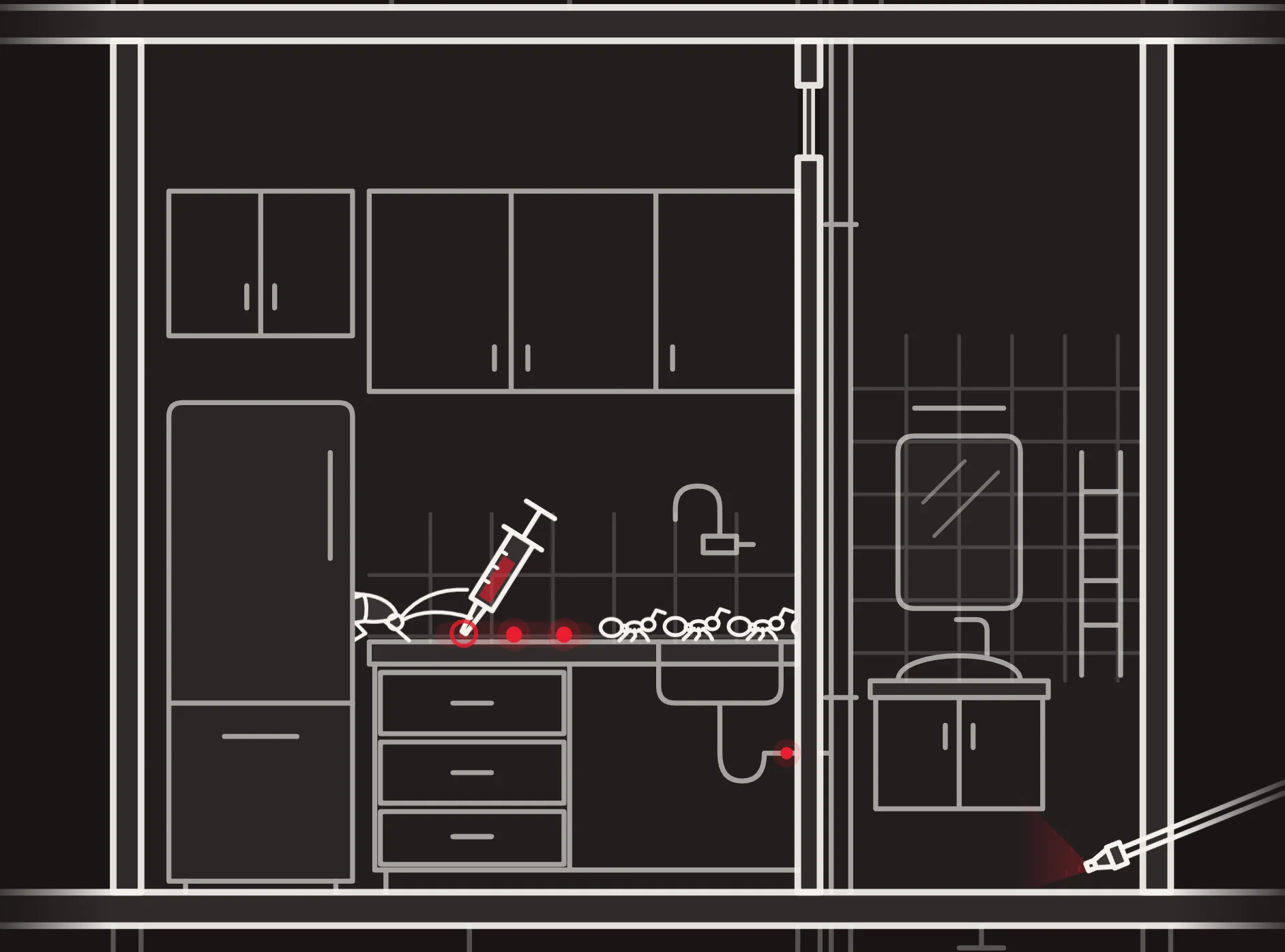 White line illustration of a home kitchen in cross-section: wall cabinets, a fridge and a counter with a sink, a syringe-style injector treating the baseboard with red marks and a bathroom mirror at the right.