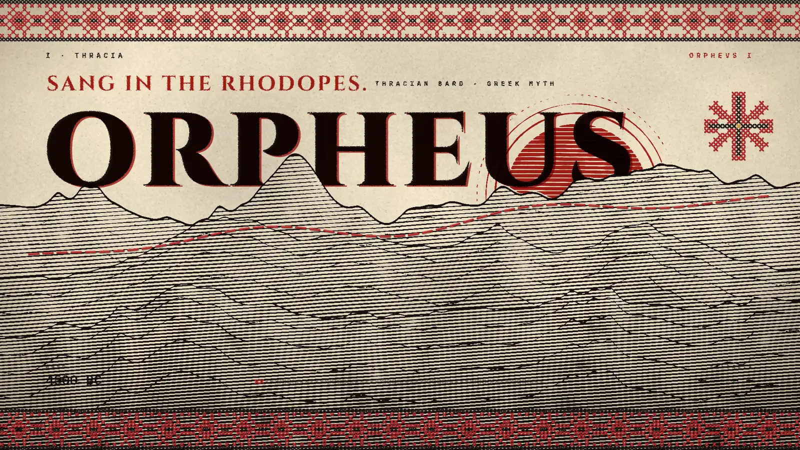 ORPHEUS title card in the woodcut treatment: heavy black serif letters over engraved mountain contour lines with a red sun, and red cross-stitch borders.