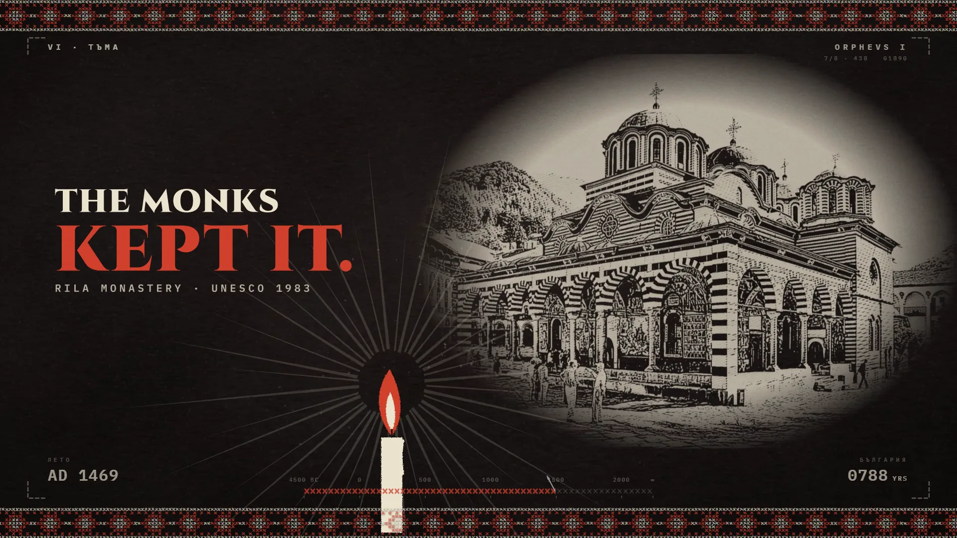 ORPHEUS frame: the headline The monks kept it beside an oval engraving of the Rila Monastery church and a single burning candle on black.