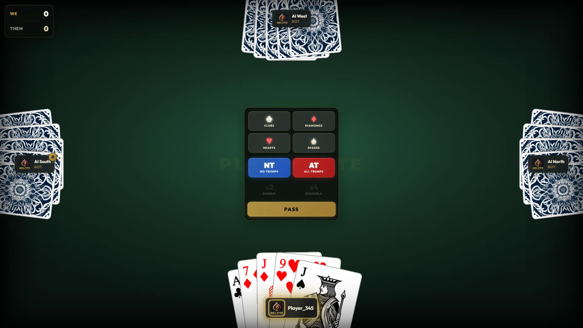 The bidding step at a PlayBelote table: a panel offers four suits, No Trumps, All Trumps and Pass while three bots and the player hold their dealt hands around green felt.