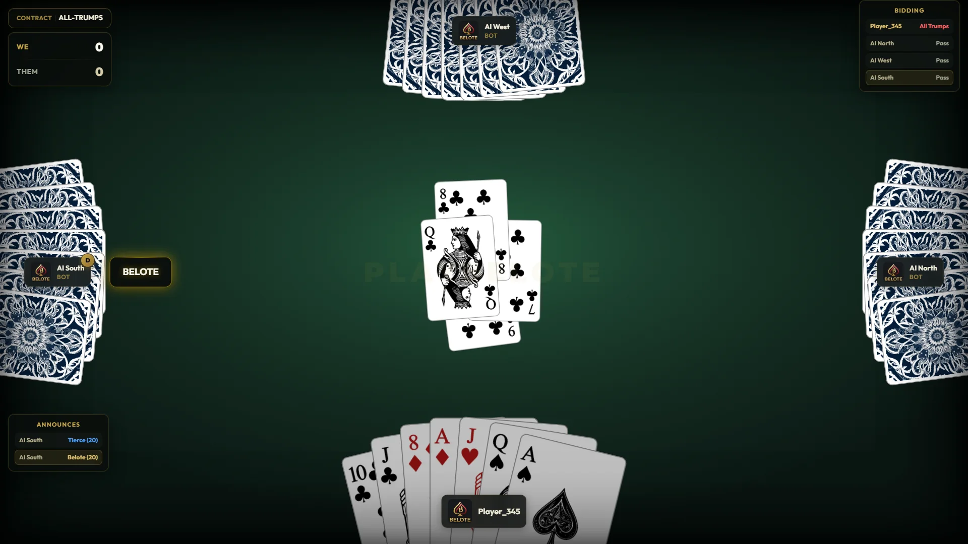 A PlayBelote table mid-hand under an All-Trumps contract. Three bots hold fanned hands at the top, left and right, the player's cards are fanned along the bottom, four cards lie in the centre, and the bidding history, score and announcements sit in the corners.