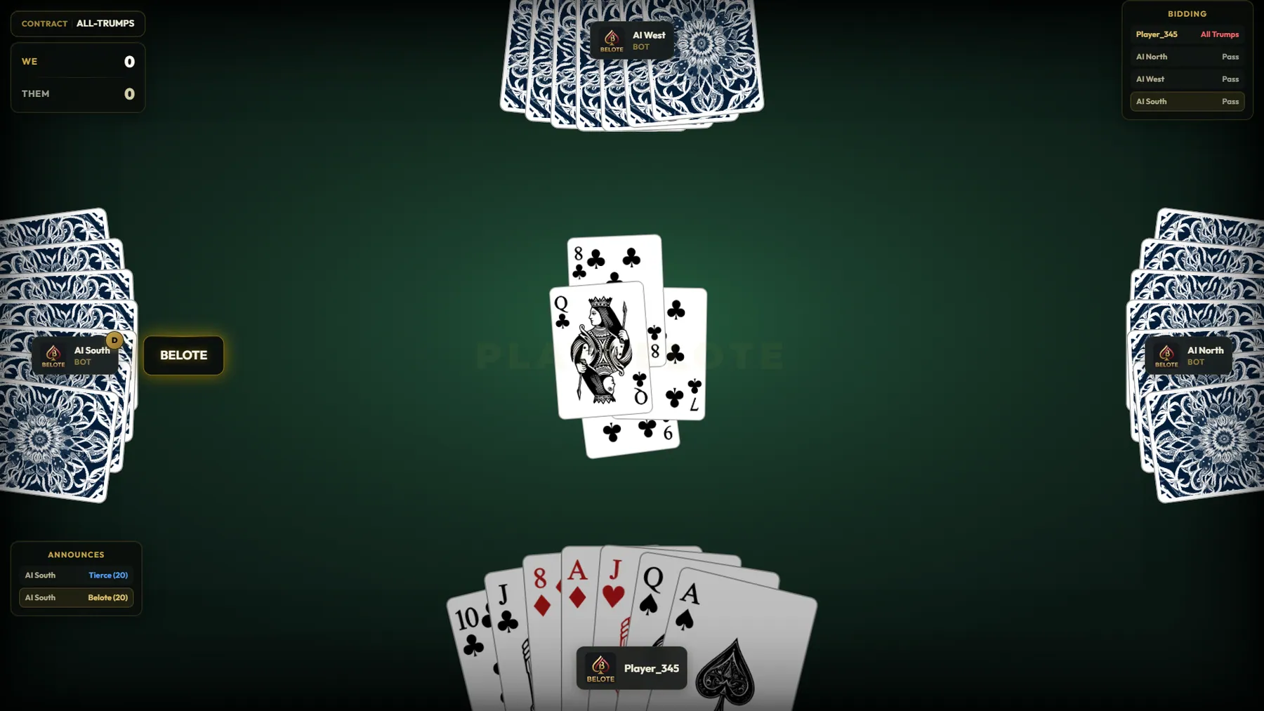 A PlayBelote table mid hand under an All-Trumps contract. Three bots and the player sit around green felt, four cards lie in the centre, the score and bidding panels sit in the corners, and a lit Belote announcement stands beside one bot.