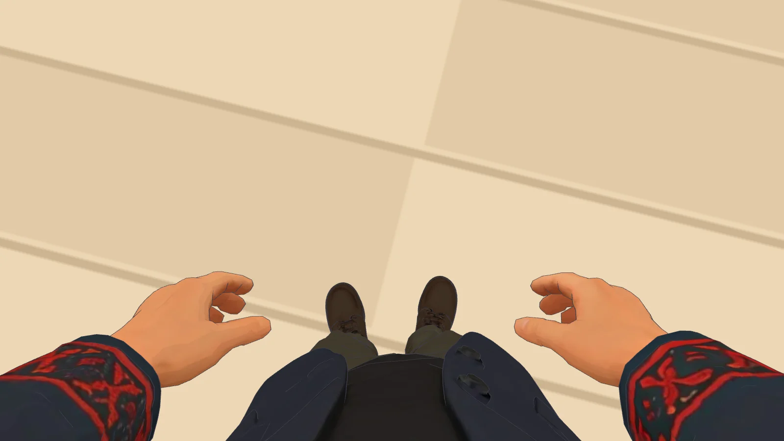 First-person view looking straight down at the floor: the avatar's navy jacket with red embroidered cuffs, dark trousers and brown shoes below the camera, and its two hands held out over beige floor tiles.