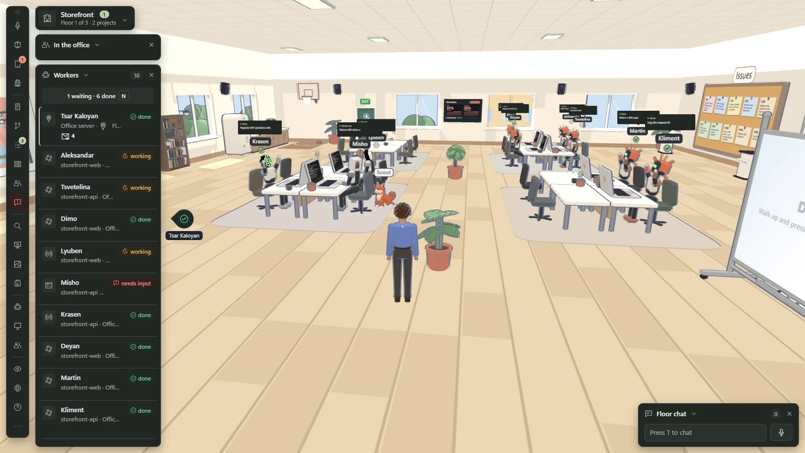 The open floor of the Valox Office, seen from behind the avatar. Coding agent workers sit at two clusters of desks under name labels, a dog stands near one cluster, the issues board hangs on the right wall, and a dark worker list at the left shows ten workers with statuses such as working, done and needs input.
