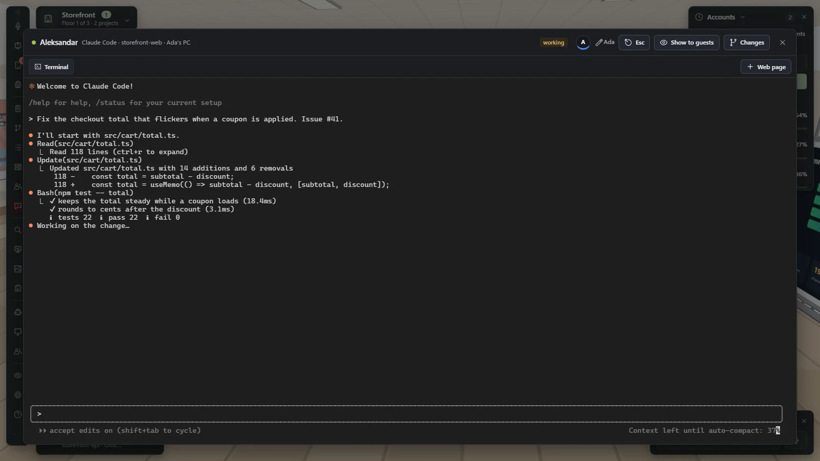 A worker's terminal window over the office. The header reads Aleksandar, Claude Code, storefront-web, Ada's PC, with the status working. The session shows a prompt to fix a checkout total that flickers when a coupon is applied, a file edit and a test run with all 22 tests passing.