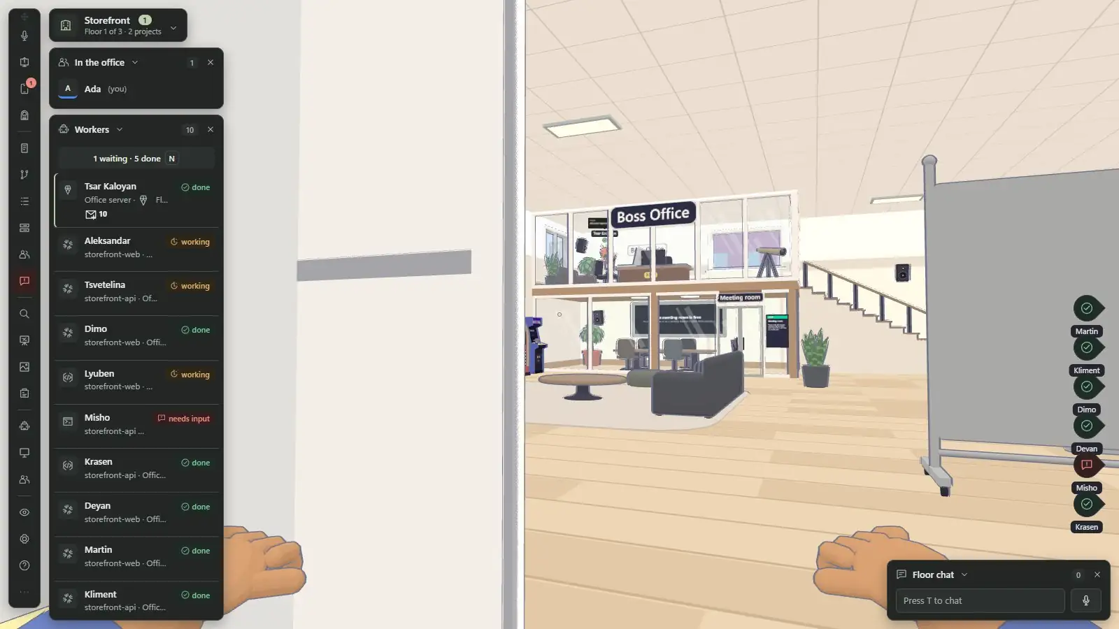 Animated clip of about five seconds: a first-person walk from beside the boss office across the open floor, past the boards and between the desks, to a worker's laptop, where a glance window with its terminal opens.