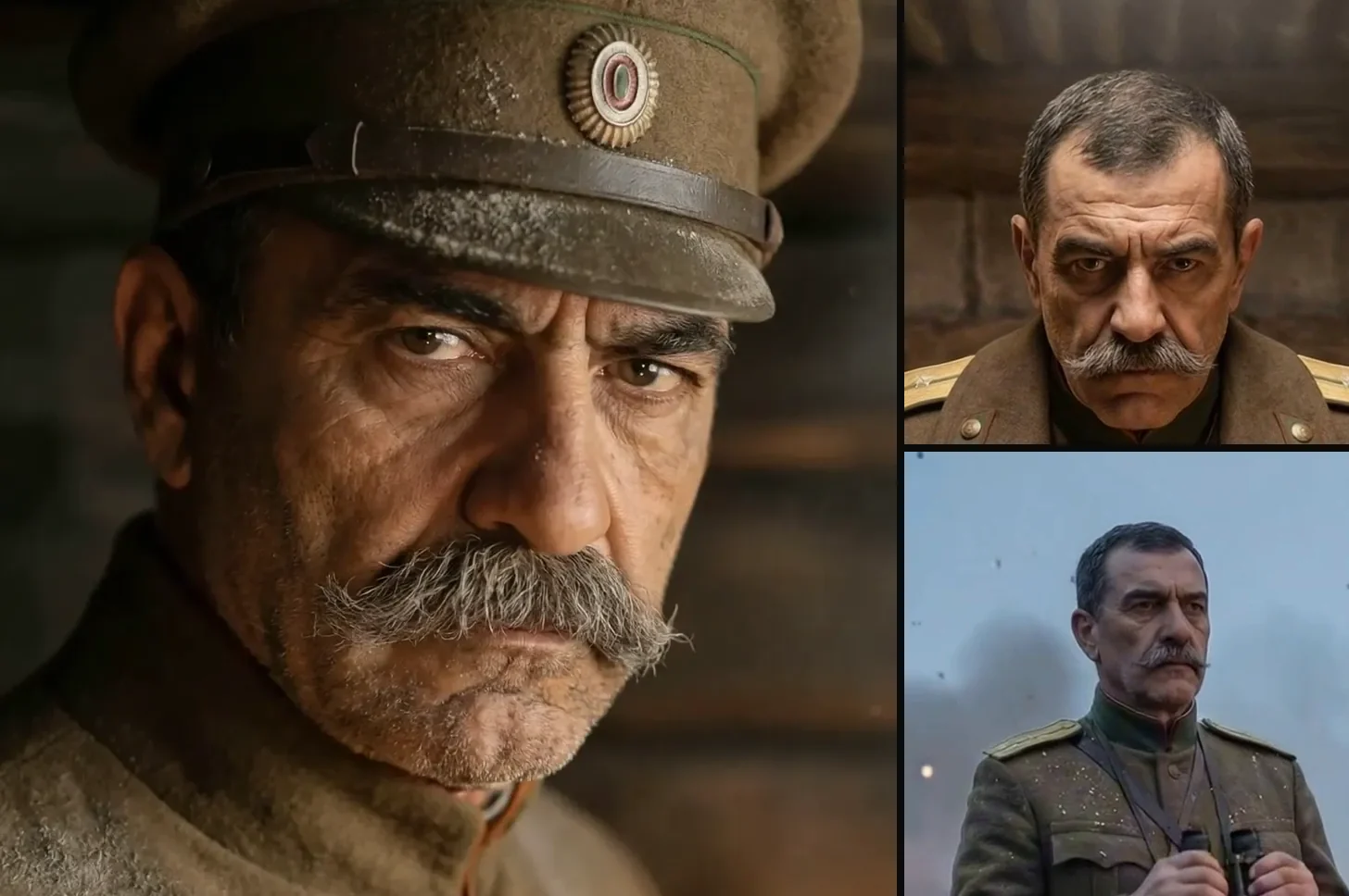 AI-generated depiction of General Vazov, the Bulgarian commander at Doiran in 1918, in three scenes of the same documentary ad: a large close-up in a peaked cap with heavy brows and a thick grey moustache, a standing portrait in a wooden command hut wearing a greatcoat, and a portrait in a trench in a field tunic holding binoculars under a smoky sky. The face is an AI depiction of a historical figure, not a photograph.