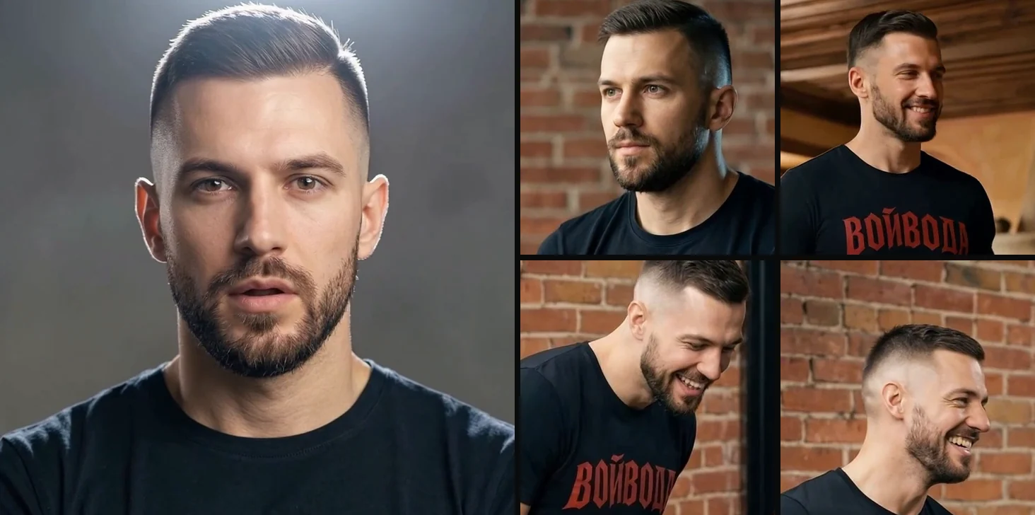 Five AI-generated frames of one fictional man in a black t-shirt with red Cyrillic lettering, from a product ad: a large studio portrait against a grey backdrop, a seated portrait against red brick, a smiling frame in a timber-beamed room and two laughing frames beside a brick wall. The short fade haircut and trimmed beard stay the same.