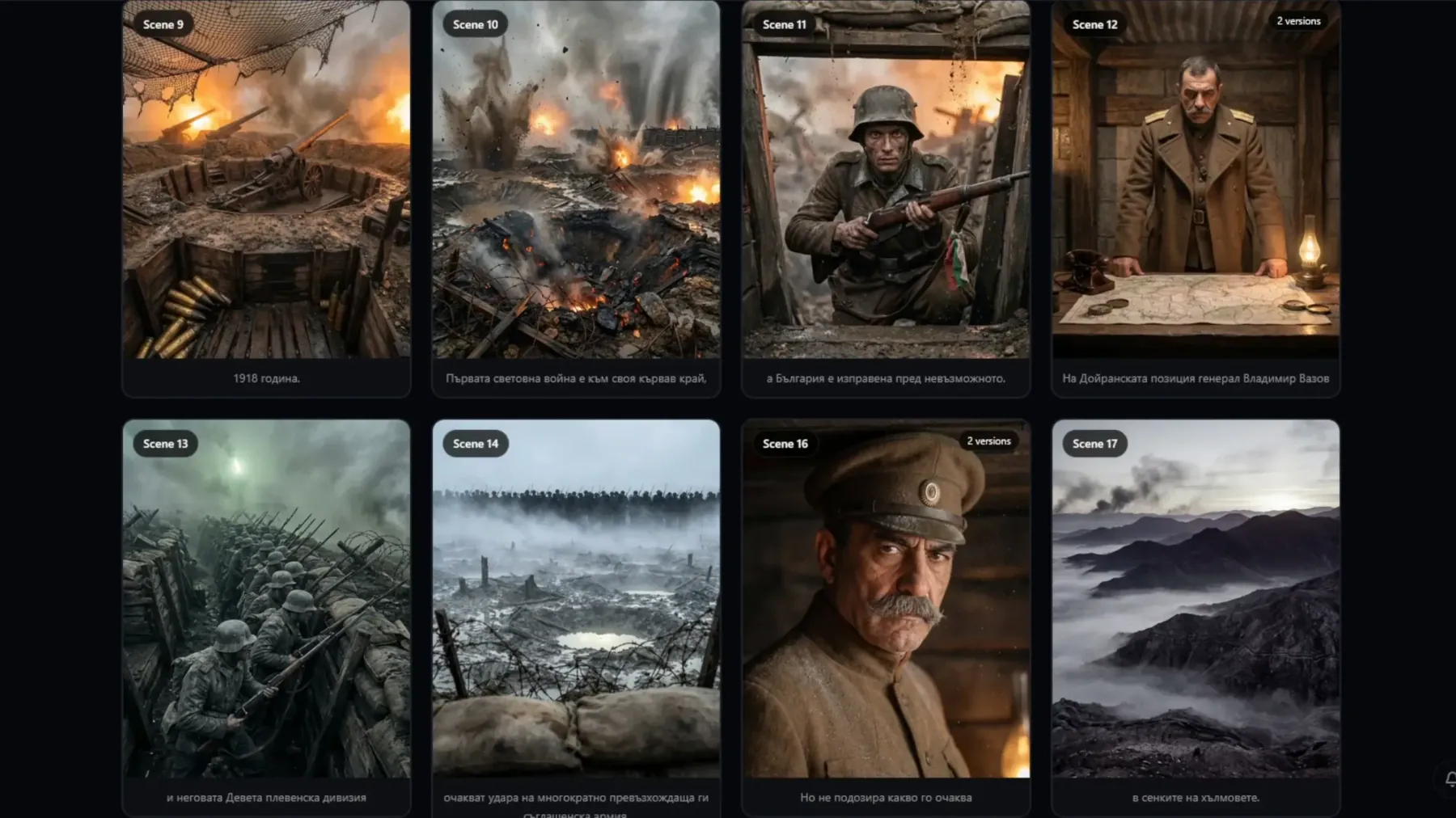 Scene review grid from the ValoxVSL production tool: eight AI generated scene stills for a Bulgarian history documentary, each with a scene number and a Bulgarian caption. They show artillery, a trench blast, a soldier, an officer at a map table, a trench line, a battlefield, an officer portrait and misty hills.