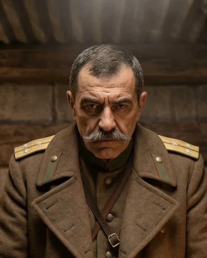 AI-generated portrait of General Vazov in a wooden command hut: a stern man with short grey hair and a grey moustache, in a brown greatcoat with gold shoulder boards, looking straight at the camera.