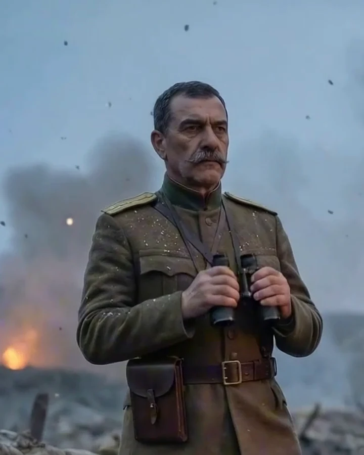 AI-generated portrait of General Vazov standing in a trench under a smoky dusk sky, in a green field tunic with gold shoulder boards and a leather map case, holding binoculars at his chest with fires burning behind him.